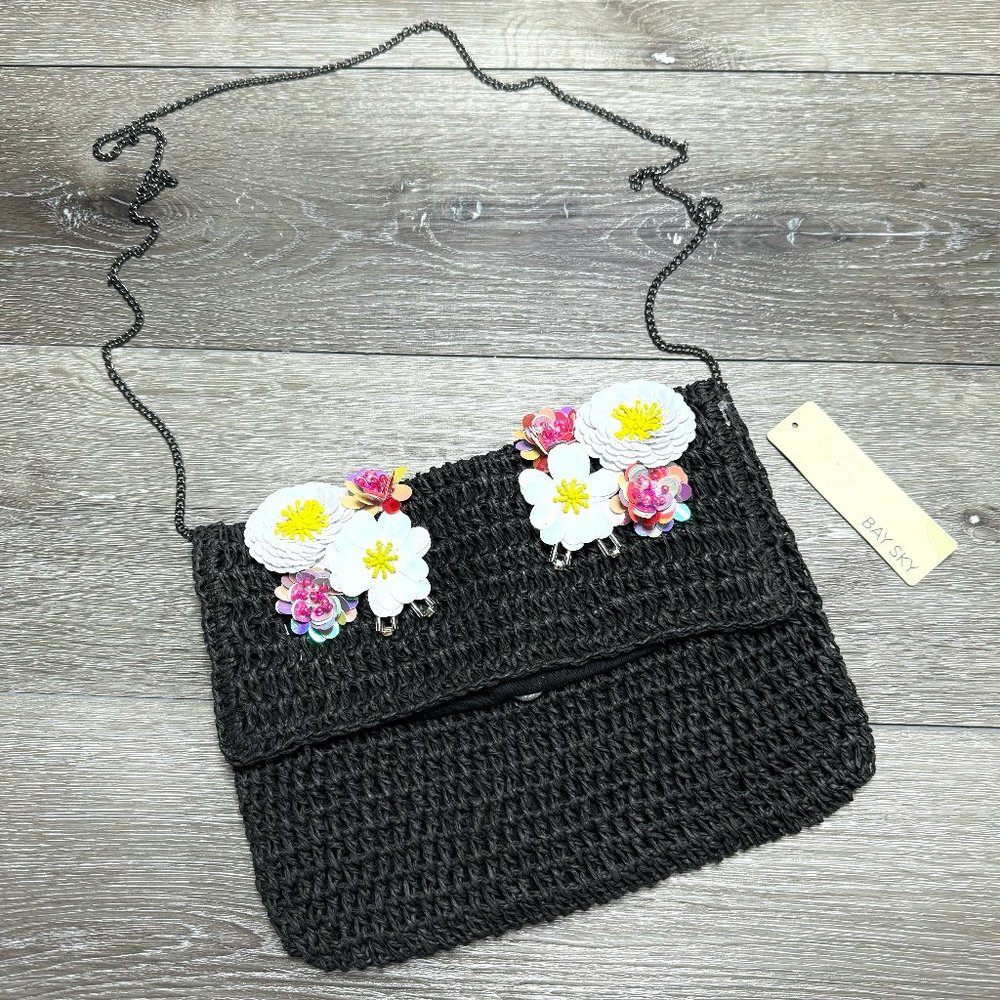 New Bay Sky Black Straw Crossbody Purse With Beads and Sequin Floral Detail